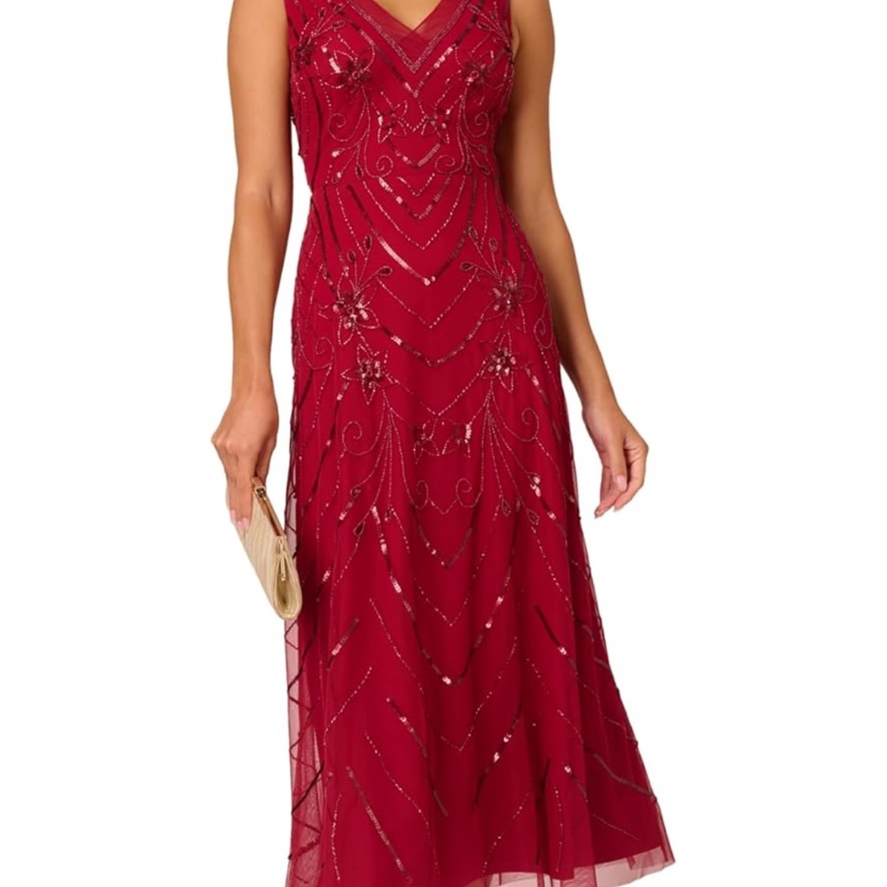 Adrianna Papell Burgundy Beaded Midi Dress